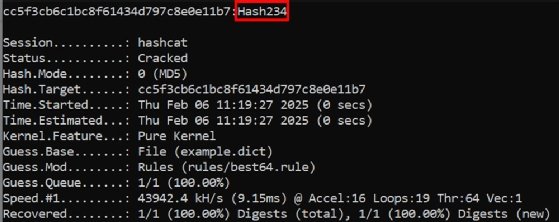 Screenshot of the results of a Hashcat scan with rules enabled