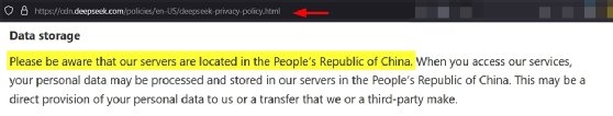 Screenshot highlighting DeepSeek's privacy policy stating that the company's servers are located in China.