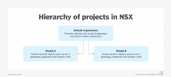 Diagram of default organizational architecture, comprising the provider organization and tenant projects with associated objects.