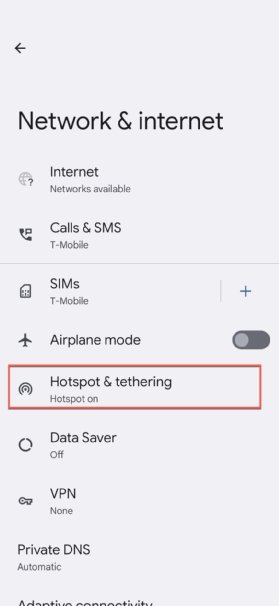 Screenshot showing how to access Android hotspot settings.