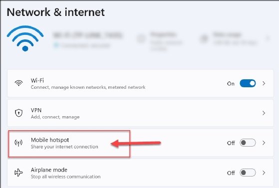 Windows Settings showing the Mobile hotspot option under Network & internet.