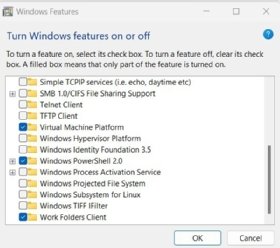The Virtual Machine Platform set to on within the Windows Features pop-up menu.