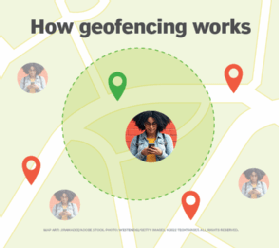 Illustration of virtual boundaries on a map showing how geofencing works.