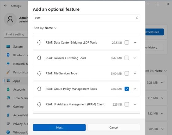 Visual showing the interface of the Windows 11 administrator settings with the option to download a Group Policy tool.