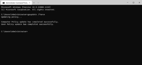 Visual showing the Command Prompt window with the gpupdate /force command.