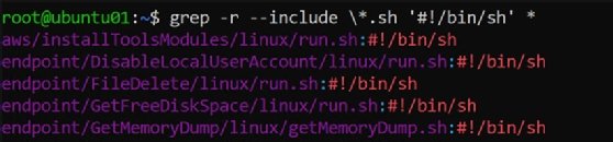 The screenshot shows the output of running a Bash command to recursively search a folder using grep to find all files containing the string '#!/bin/sh'.