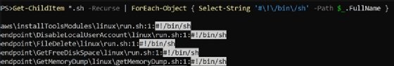 The screenshot shows the output of running a command to perform a recursive search in PowerShell. The command first recursively finds files using the Get-ChildItem cmdlet, then pipes that output to the ForEach-Object cmdlet using Select-String.