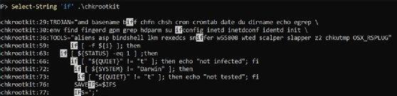 The screenshot shows the output of running a PowerShell command to search a script file for all instances of the string 'if' using Select-String.