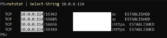 The screenshot shows the output of running a PowerShell command that parses netstat output to find a particular IP address using Select-String.