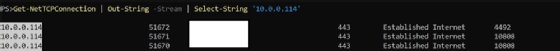 The screenshot shows the output of running a PowerShell command that pipes cmdlet output to Out-String so that it can be searched as a string using Select-String.