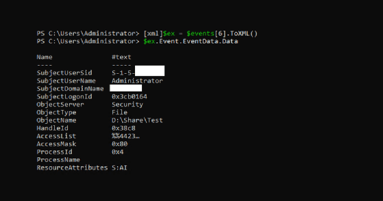 Windows event XML data