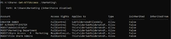 Windows file server permissions output