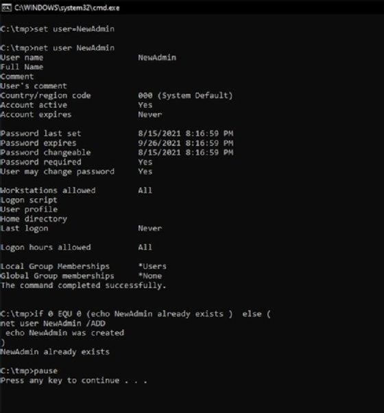 Example screenshot showing the Windows NewAdmin account confirmation.