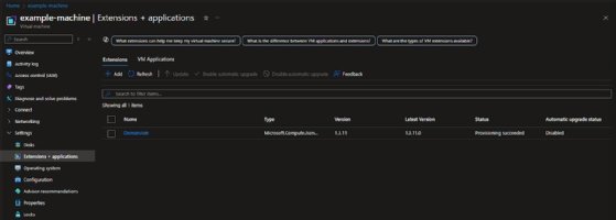 A screenshot of the Azure portal's Extensions + applications section that shows the DomainJoin extension. 