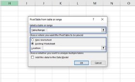 The PivotTable from table or range window