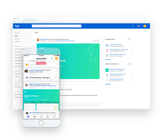 Mobile and desktop screenshots of Box Feed system