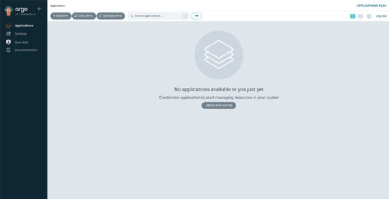 Screenshot of Argo CD application UI with no applications available yet.