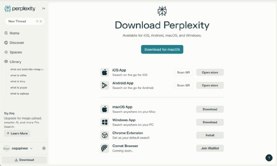 Screenshot of Perplexity AI interface showing access options.