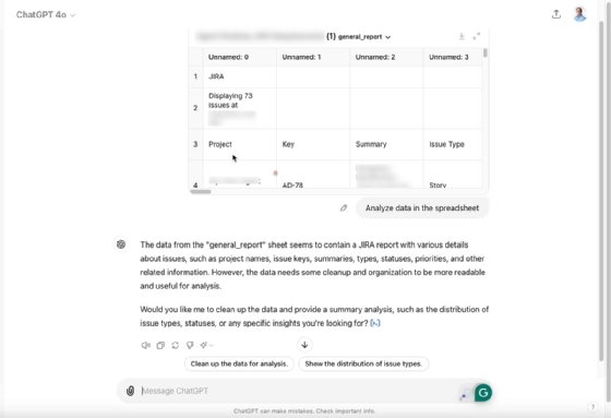 Screenshot of GPT-4o interface displaying imported data from a Jira report with options to analyze and clean the data.