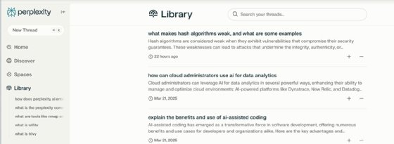 Screenshot of Perplexity AI interface showing Library tab with recent search queries.