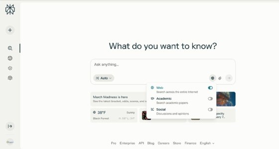 Screenshot of Perplexity AI interface showing Search tab with available search categories.