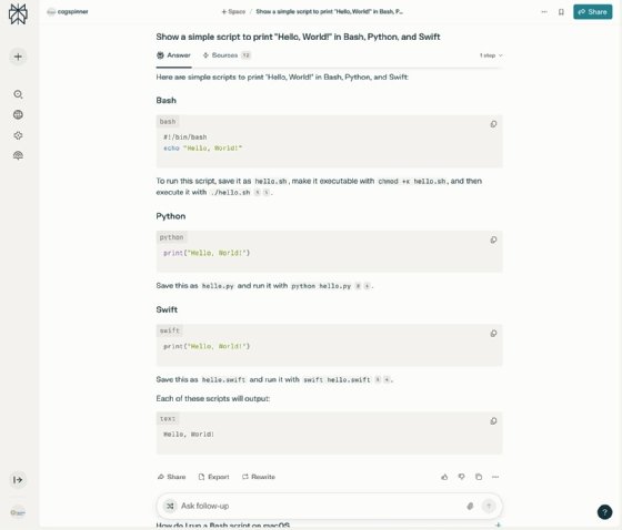 Screenshot of results in Perplexity AI for writing 