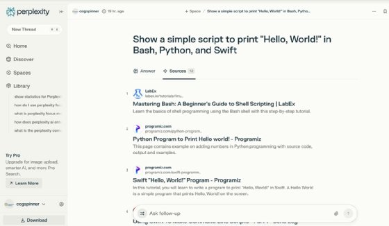 Screenshot of Perplexity AI Sources tab, including references and citations for a search query.