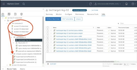 The image displays the vSphere Client page and shows where the vSphere cluster called SA-Compute-01 is located with its three VMs.