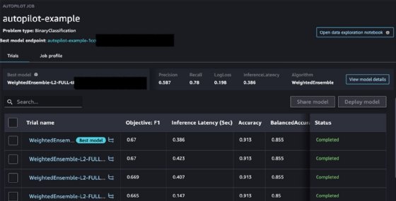 Screenshot of autopilot example metrics for Amazon SageMaker Autopilot