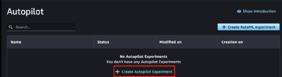Screenshot of the Autopilot launch page for Amazon SageMaker Autopilot