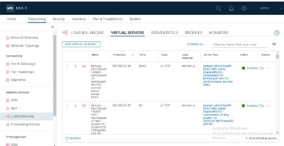 The image displays the VM NSX page and the selected load-balancing sidebar that shows where the virtual servers are located.