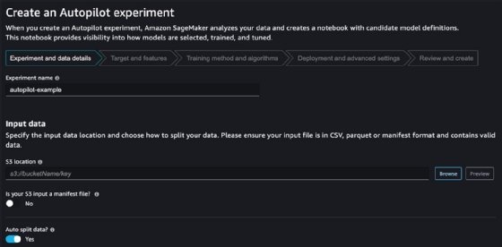 Screenshot of the create an Autopilot experiment page for Amazon SageMaker Autopilot
