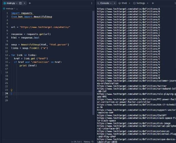 Screenshot of looking for definition links.