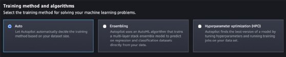 Screenshot of selecting the autotraining method for Amazon SageMaker Autopilot