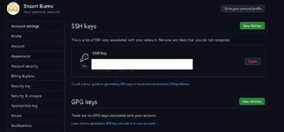 Screenshot that shows to create a new key in GitHub, press New SSH key and paste the public key into the box labeled 'SSH Key.'