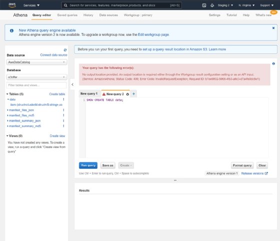 Athena error message, no output location