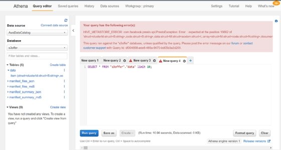 Athena error message, data too complex