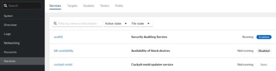 Image of services interface in Cockpit for Linux