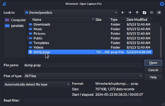 Instructions for opening dump.pcap in Wireshark.
