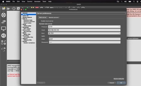 Screenshot that shows GNS3 server preferences