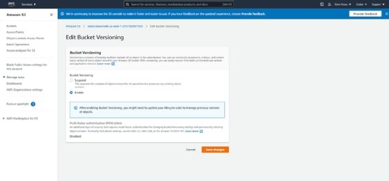 Screenshot of bucket versioning in Amazon S3