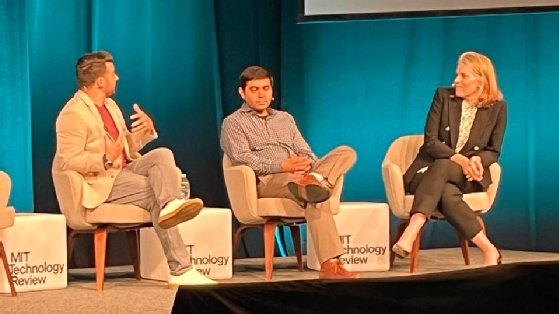 This photo shows Josh Drean of Work3 Institute, Kam VedBrat of Microsoft and Elizabeth Bramson-Boudreau of MIT Technology Review speaking at the Enabling the Industrial Metaverse conference in June, 2023.