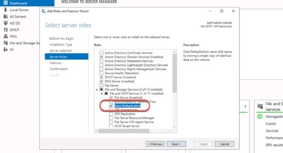 A screenshot showing how to install data deduplication.