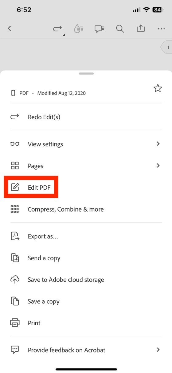 A screenshot from Adobe Reader on a mobile device that shows how to edit a PDF