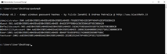 Screenshot of PwDump Microsoft password export