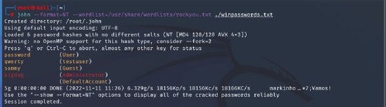 Screenshot of John the Ripper cracking Windows passwords