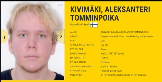 Julius Kivimaki's mugshot and info from Europol's 'most wanted' site.
