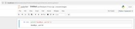 Screenshot of same Jupyter notebook with Python code modified to print 'Goodbye, world!' and output below the code cell.