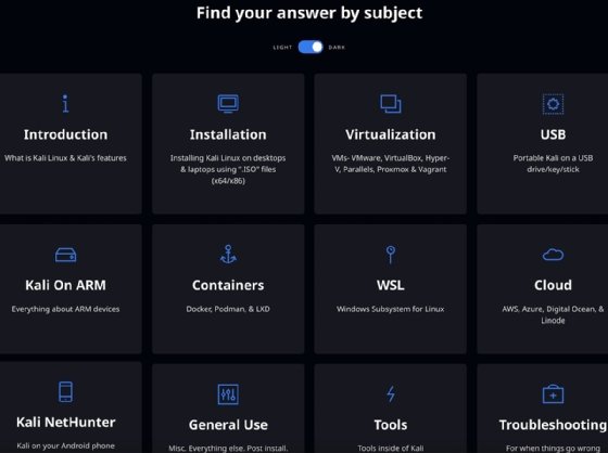 Screenshot of Kali's help index.