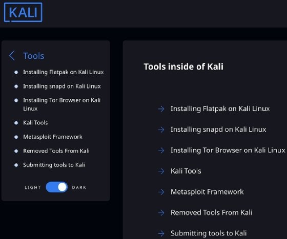 Screenshot of Kali's tools documentation.